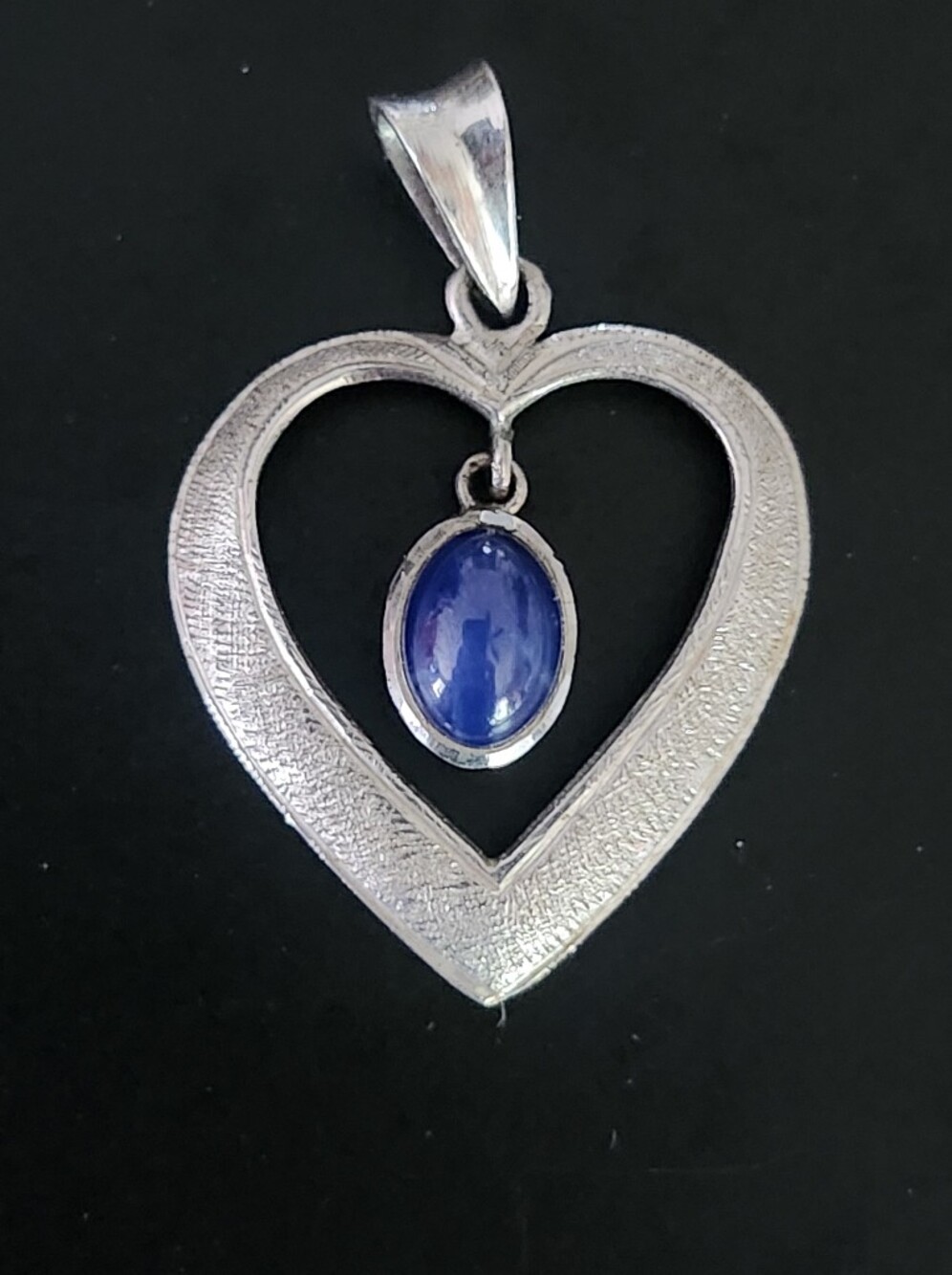 Silver Heart Pendant with Blue Cabochon